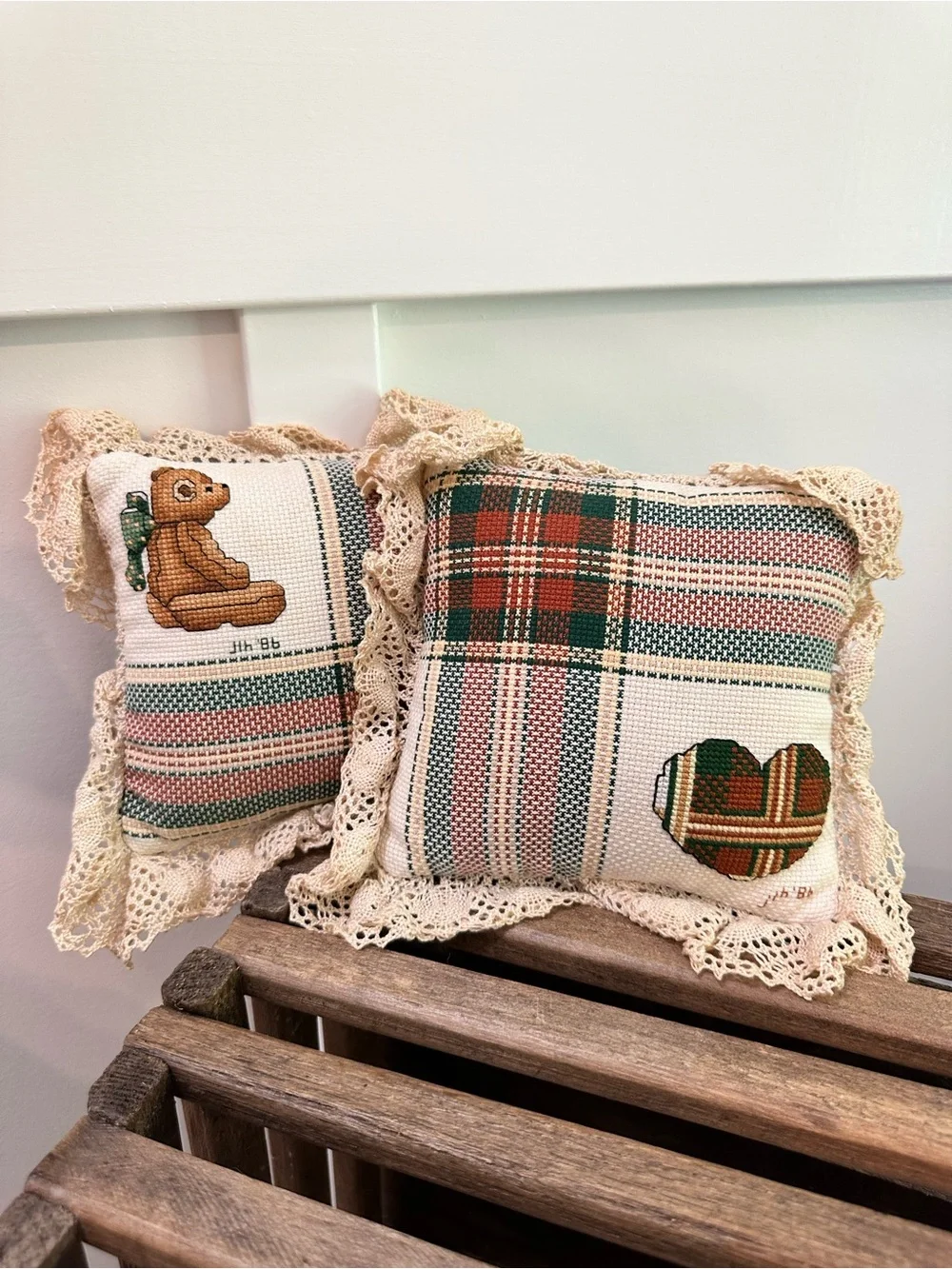 Vintage Handmade Plaid Decorative Cross Stitched Pillows Lace Trim Teddy Heart